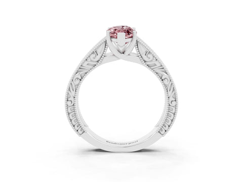White gold Marquise Cut Morganite Solitaire Ring with Engraved Band and Four-Prong Setting_3