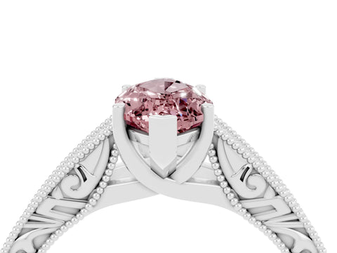 White gold Marquise Cut Morganite Solitaire Ring with Engraved Band and Four-Prong Setting_4