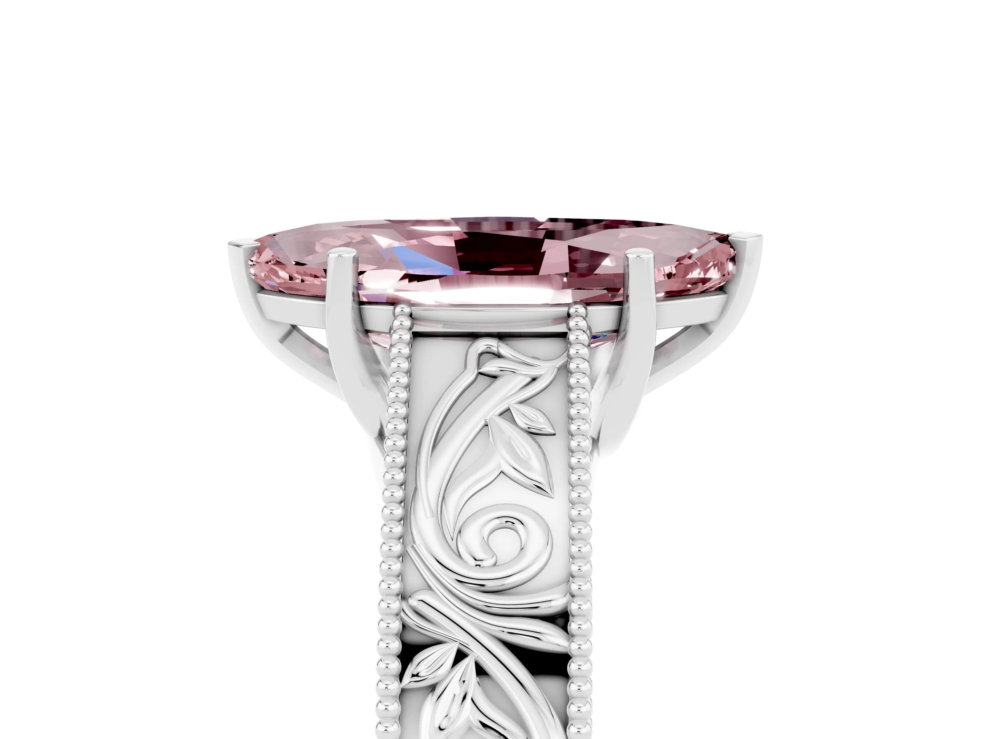 White gold Marquise Cut Morganite Solitaire Ring with Engraved Band and Four-Prong Setting_5