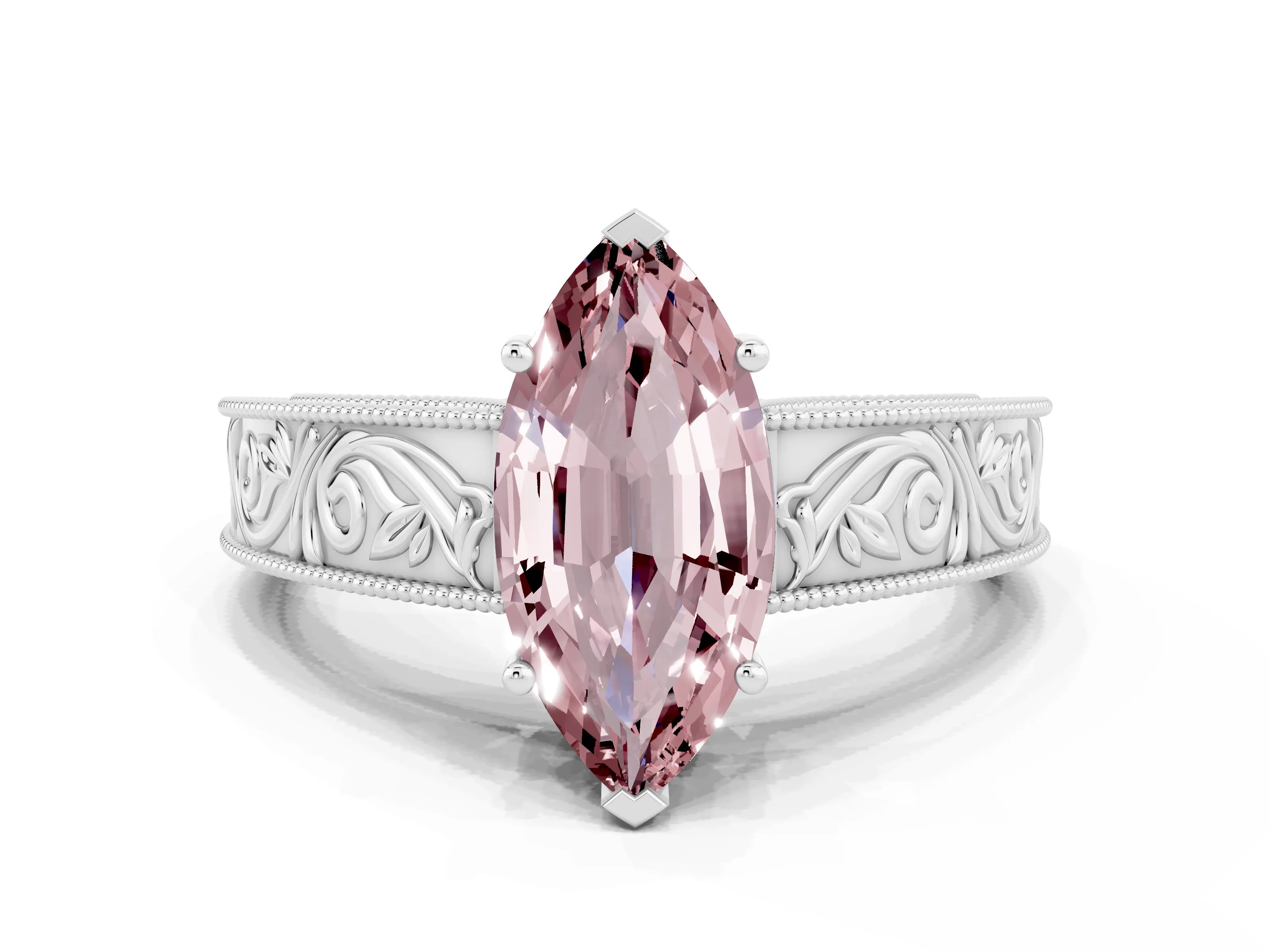 White gold Marquise Cut Morganite Solitaire Ring with Engraved Band and Four-Prong Setting