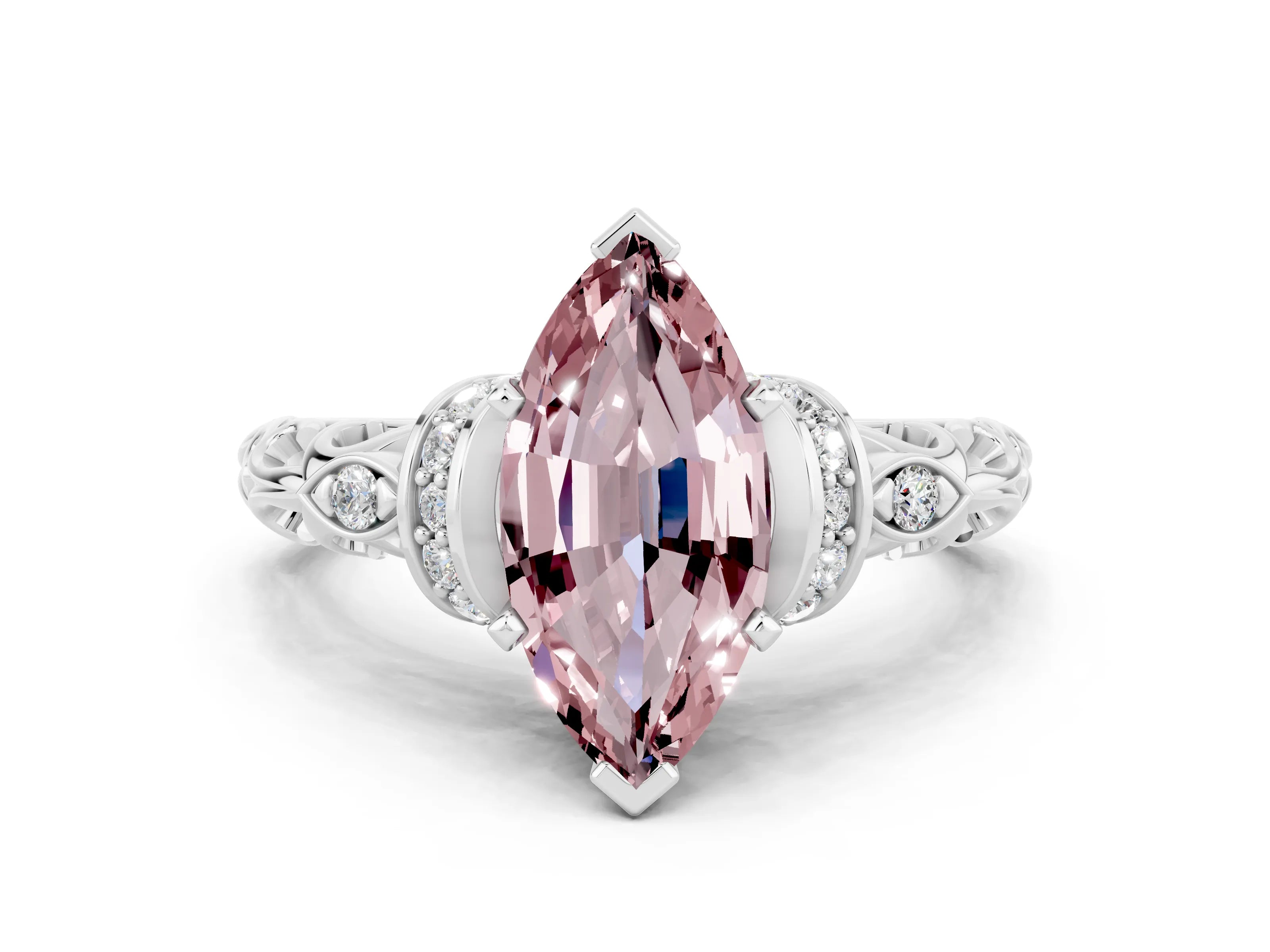 White gold Marquise Cut Morganite Solitaire Ring with Filigree Band and Four-Prong Setting_24
