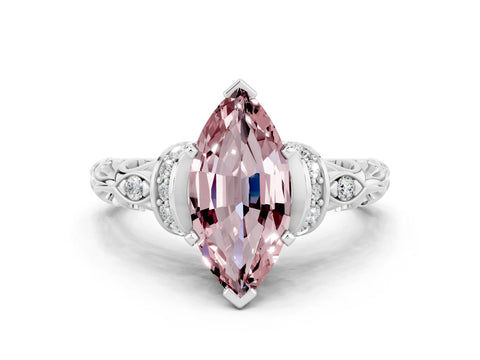 White gold Marquise Cut Morganite Solitaire Ring with Filigree Band and Four-Prong Setting_24