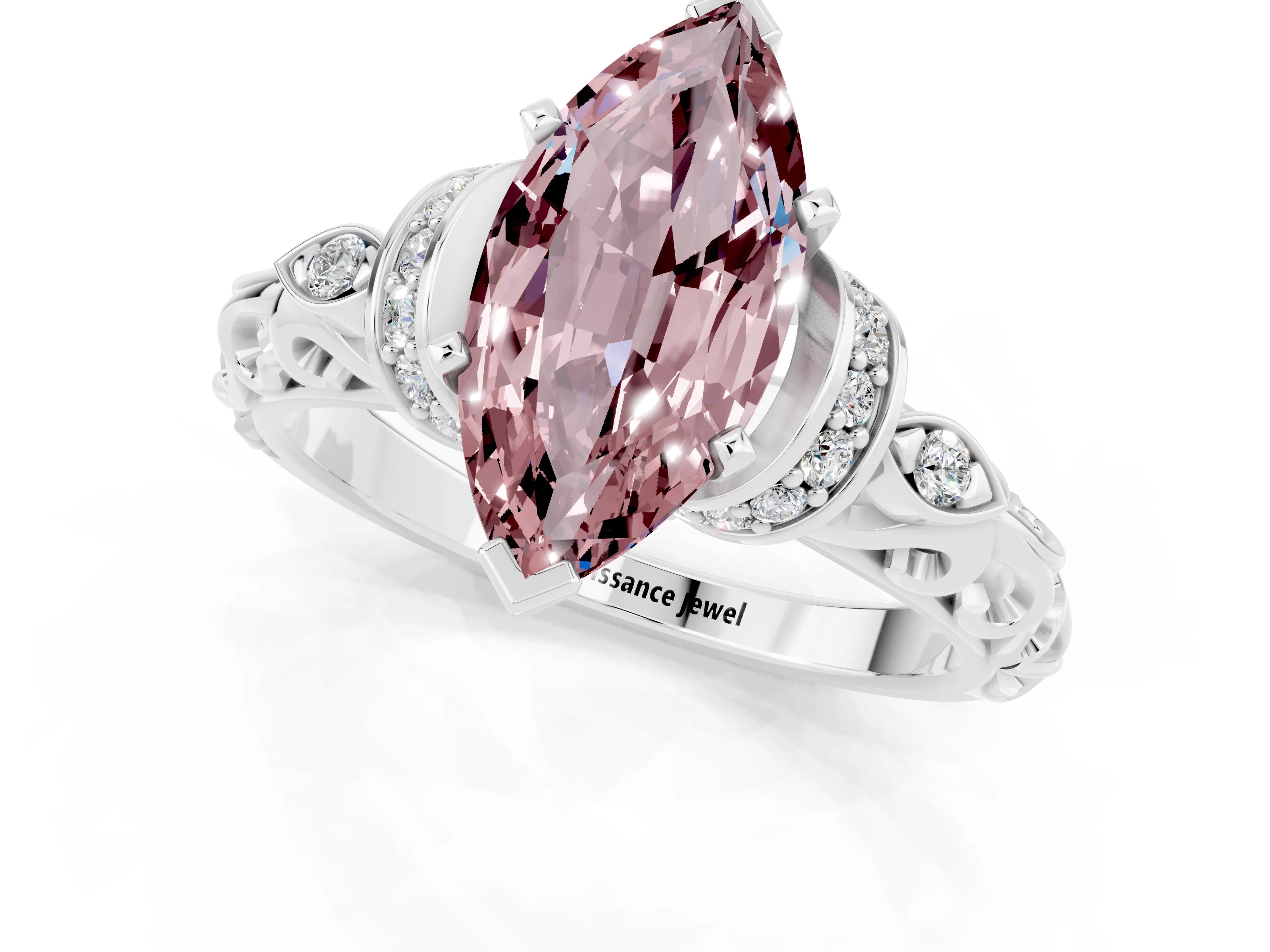 White gold Marquise Cut Morganite Solitaire Ring with Filigree Band and Four-Prong Setting_25
