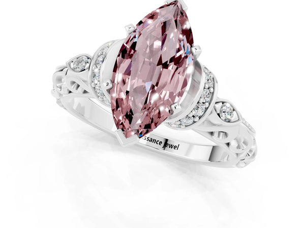 Platinum Marquise Cut Morganite Solitaire Ring with Filigree Band and Four-Prong Setting