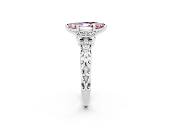 Platinum Marquise Cut Morganite Solitaire Ring with Filigree Band and Four-Prong Setting