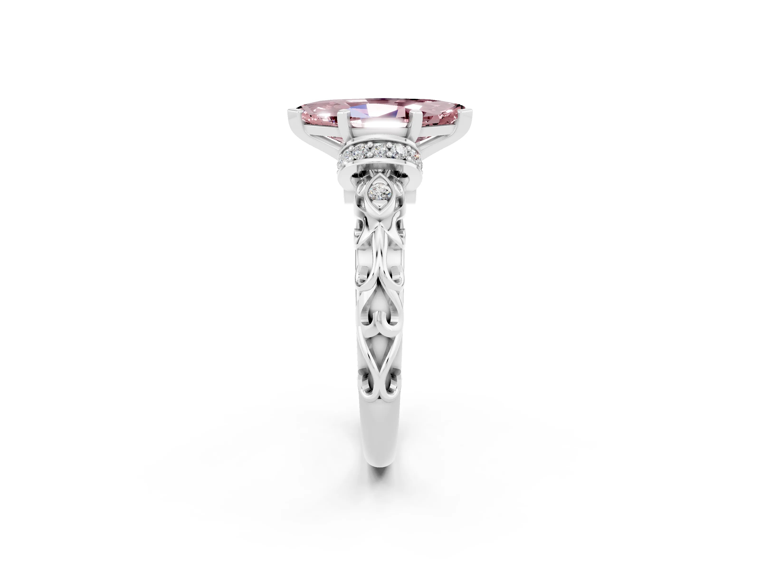 White gold Marquise Cut Morganite Solitaire Ring with Filigree Band and Four-Prong Setting_26