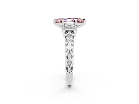 White gold Marquise Cut Morganite Solitaire Ring with Filigree Band and Four-Prong Setting_26