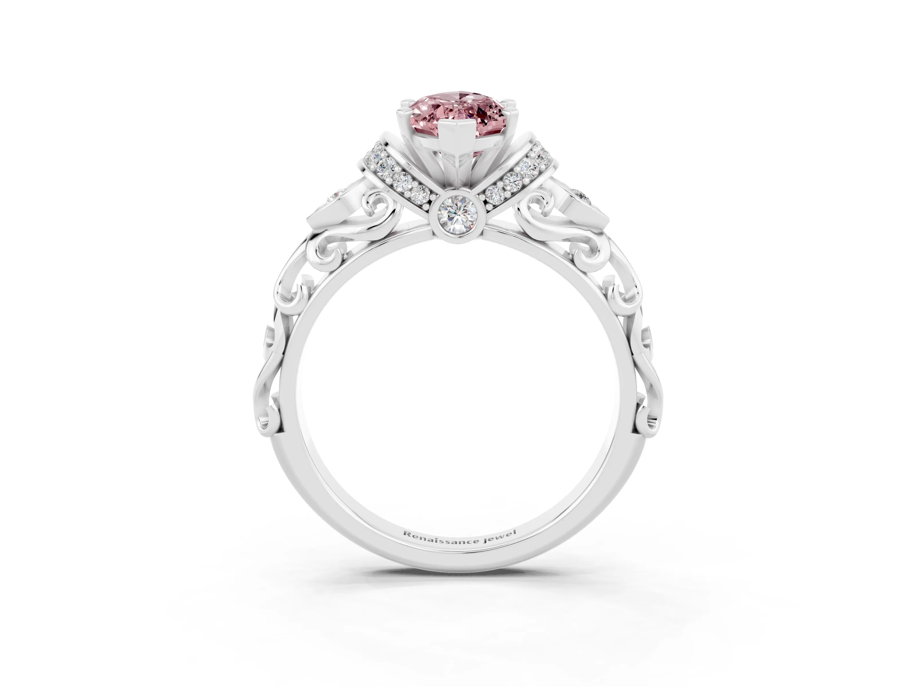 White gold Marquise Cut Morganite Solitaire Ring with Filigree Band and Four-Prong Setting_27
