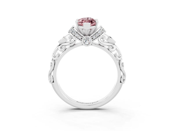 Silver Marquise Cut Morganite Solitaire Ring with Filigree Band and Four-Prong Setting