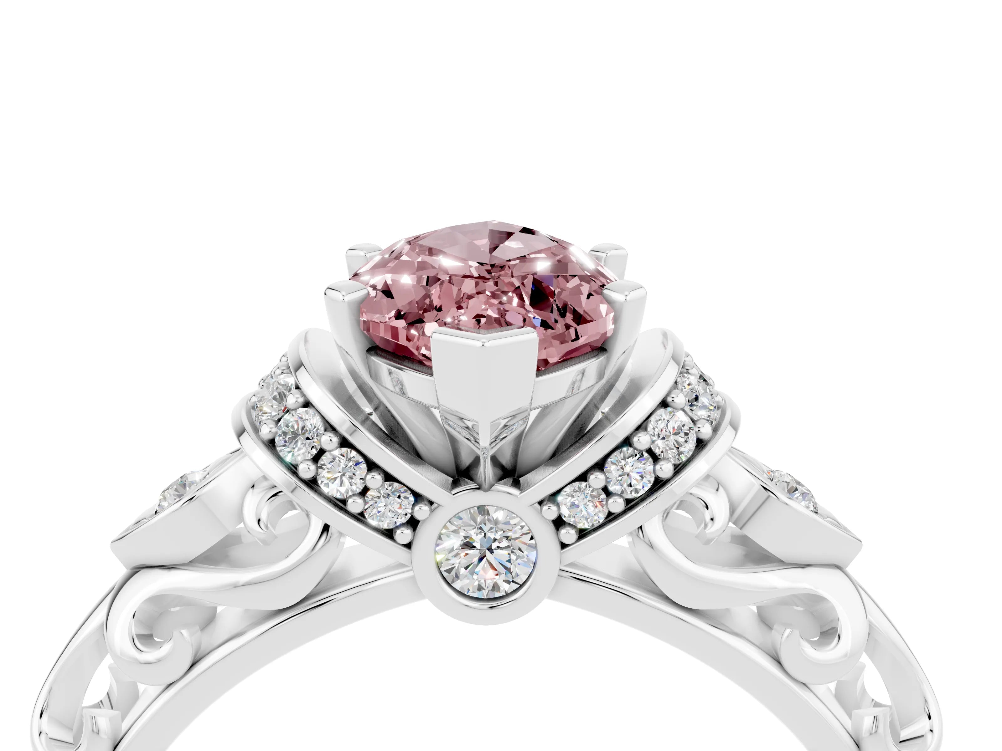 White gold Marquise Cut Morganite Solitaire Ring with Filigree Band and Four-Prong Setting_28