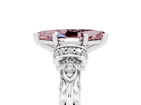 White gold Marquise Cut Morganite Solitaire Ring with Filigree Band and Four-Prong Setting_29