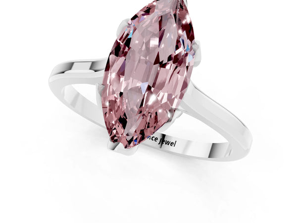 White gold Marquise Cut Morganite Solitaire Ring with Flower Prong Setting and Classic Band