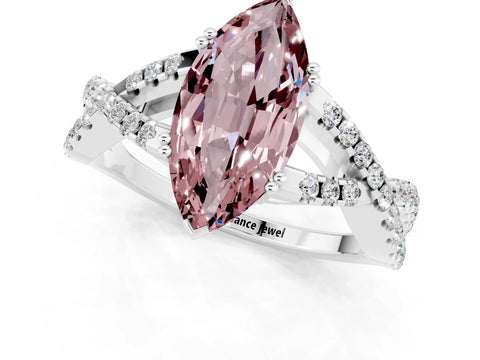 White gold Marquise Cut Morganite Solitaire Ring with Four-Prong Setting and Twisted Pavé Band_1