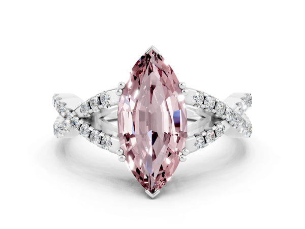 Silver Marquise Cut Morganite Solitaire Ring with Four-Prong Setting and Twisted Pavé Band