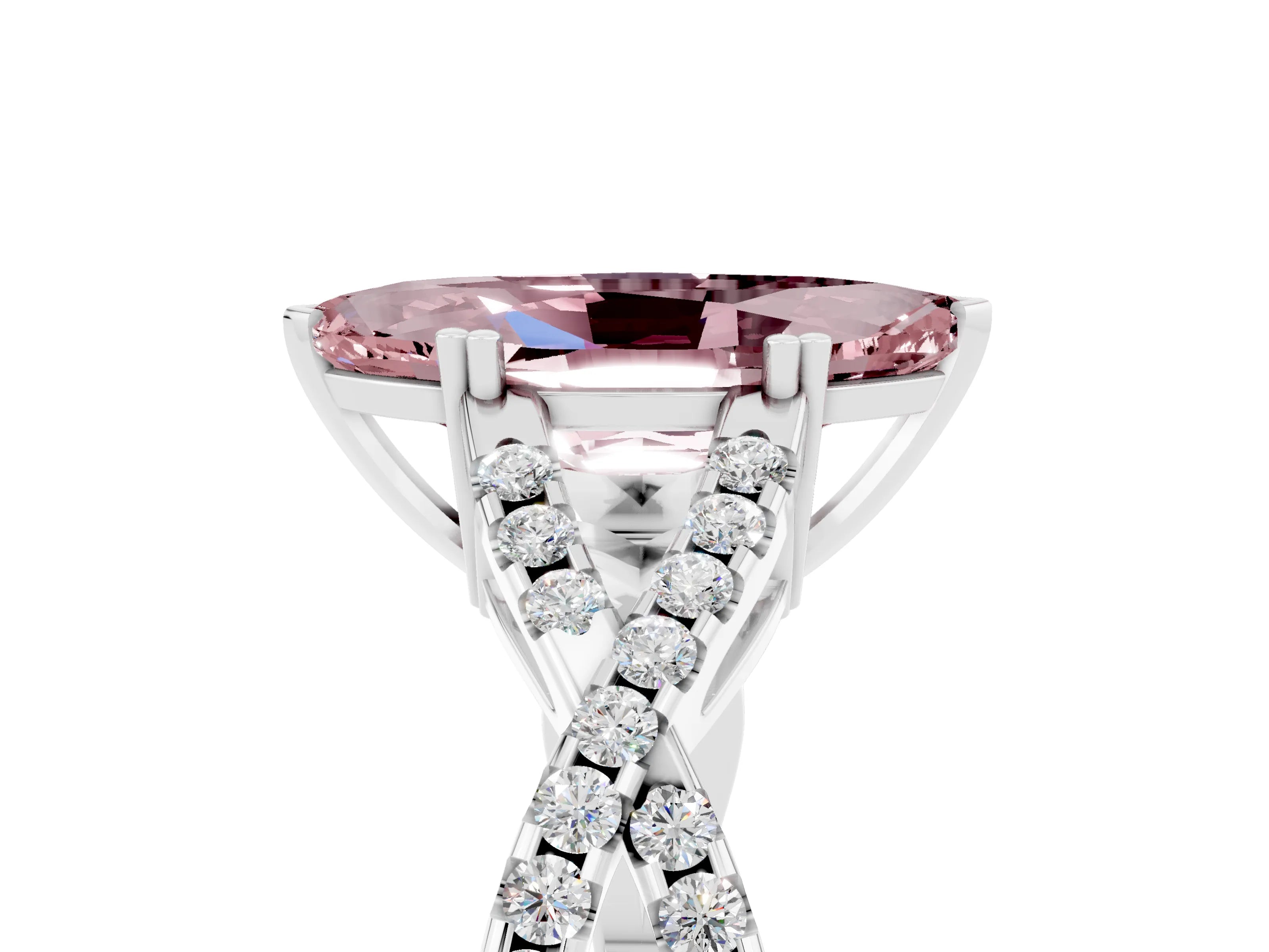 White gold Marquise Cut Morganite Solitaire Ring with Four-Prong Setting and Twisted Pavé Band_5