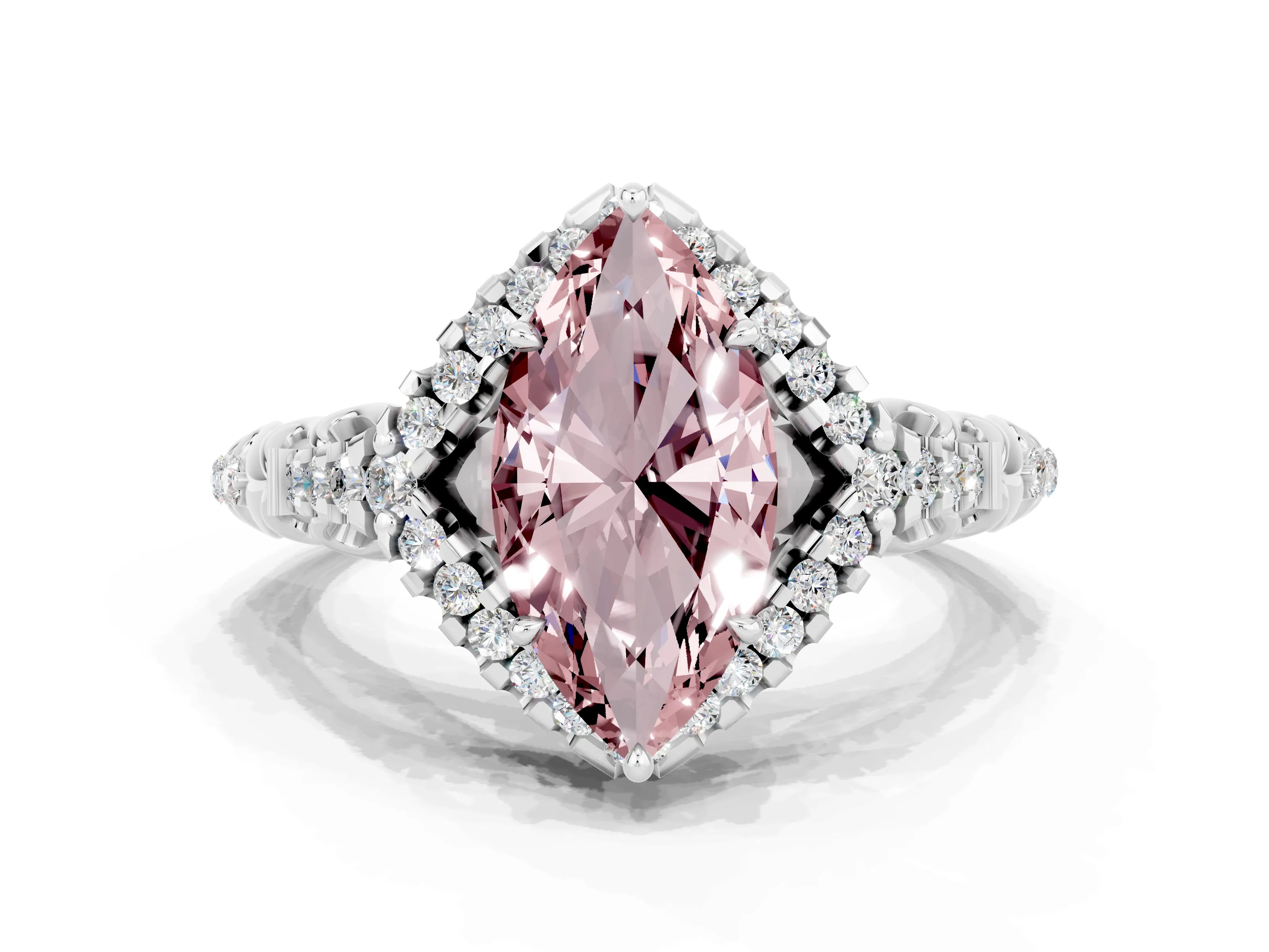 White gold Marquise Cut Morganite Solitaire Ring with Hidden Halo and Pavé Band_12