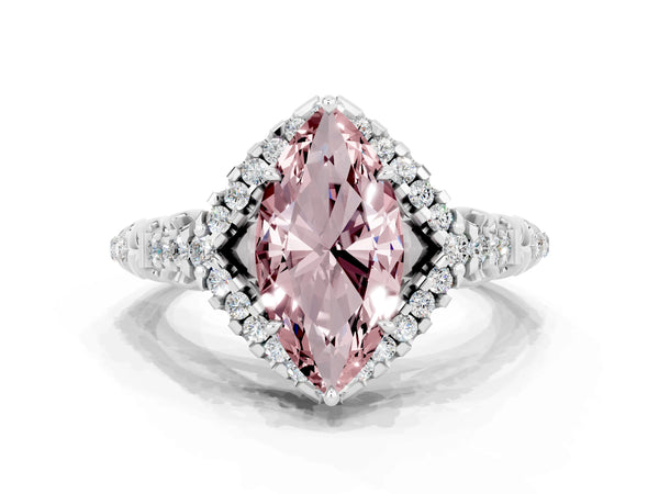 Silver Marquise Cut Morganite Solitaire Ring with Hidden Halo and Pavé Band