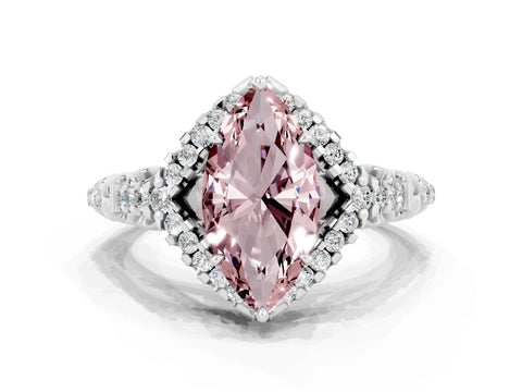 White gold Marquise Cut Morganite Solitaire Ring with Hidden Halo and Pavé Band_12
