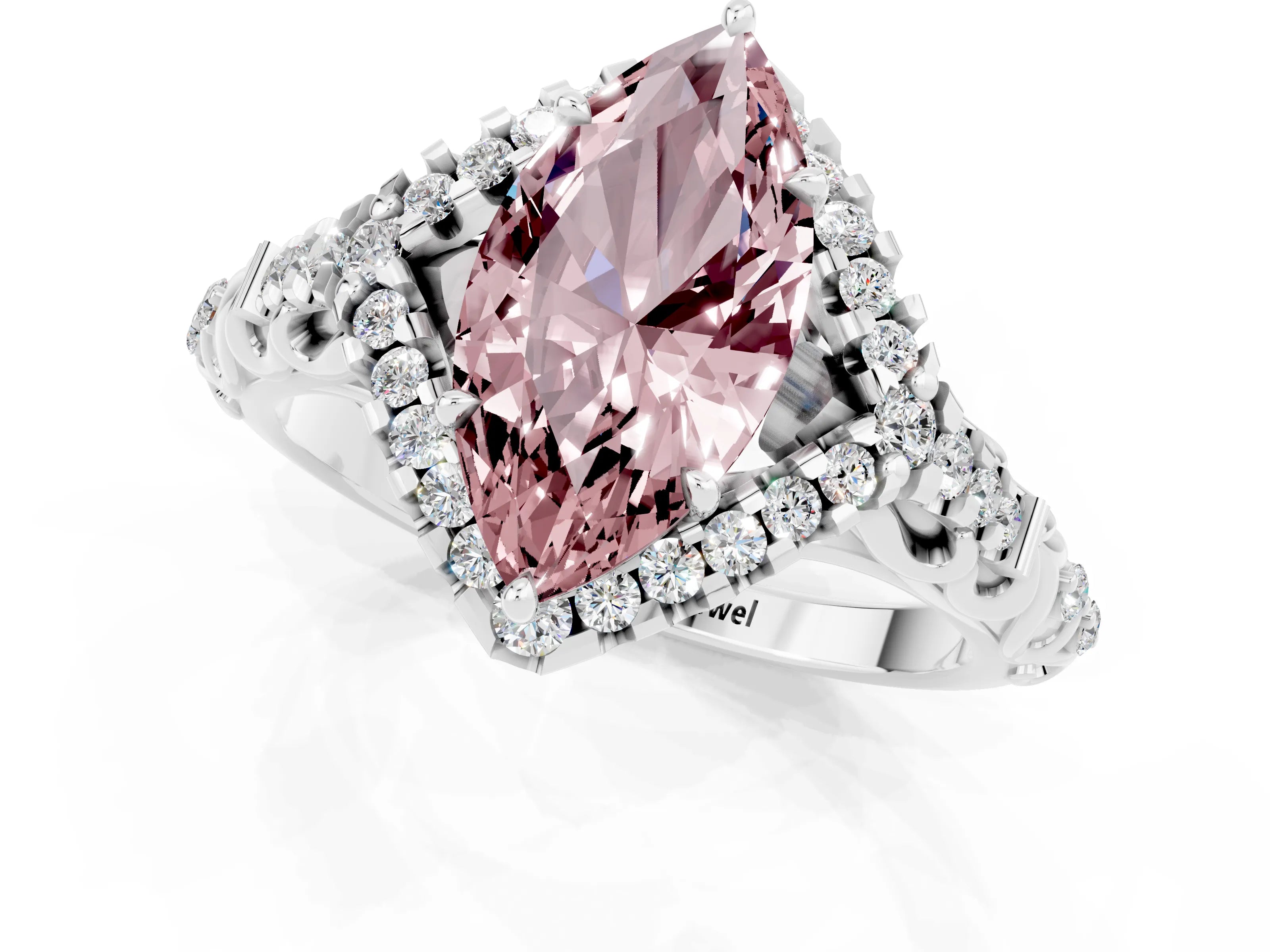 White gold Marquise Cut Morganite Solitaire Ring with Hidden Halo and Pavé Band_13