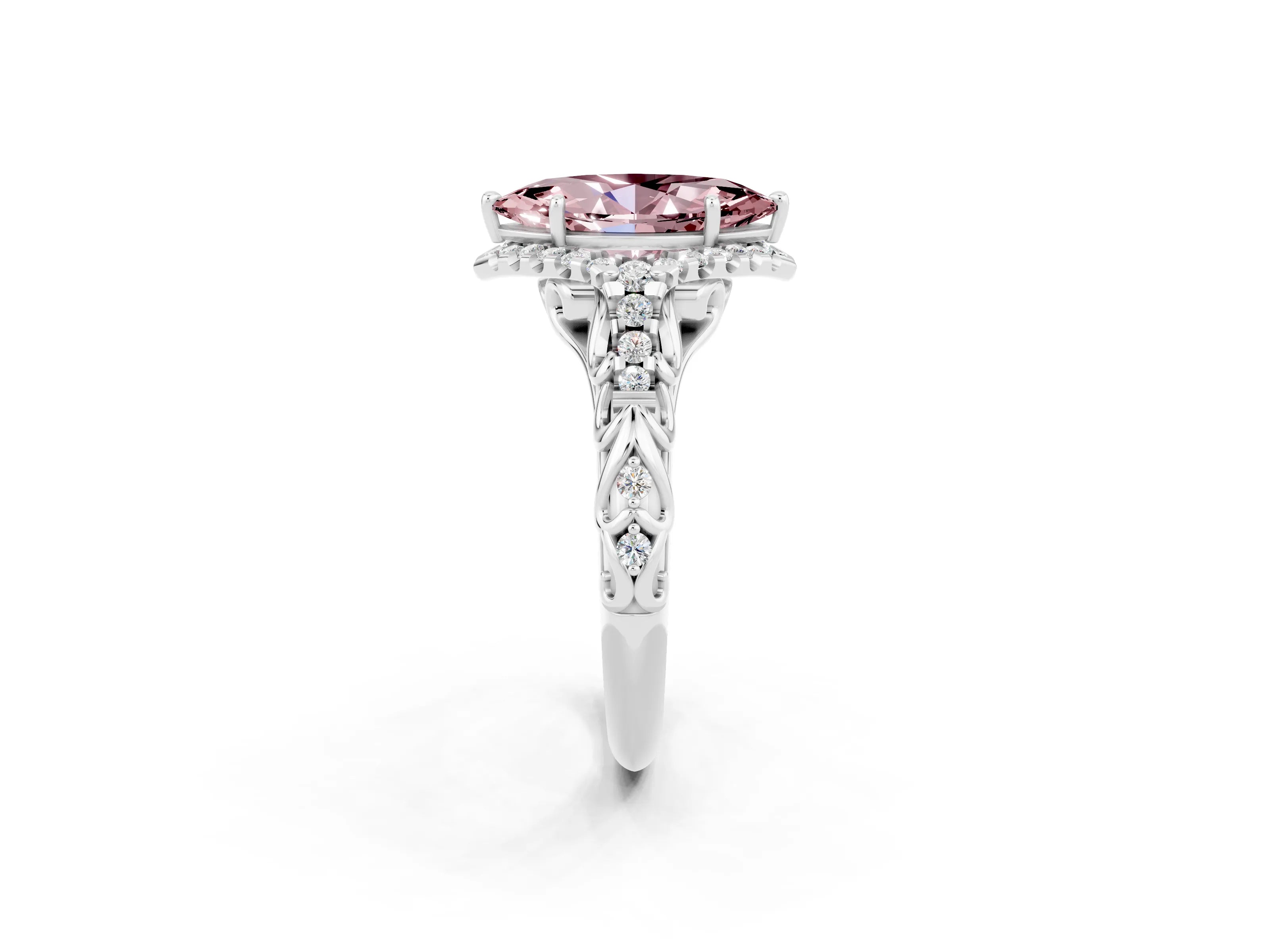 White gold Marquise Cut Morganite Solitaire Ring with Hidden Halo and Pavé Band_14