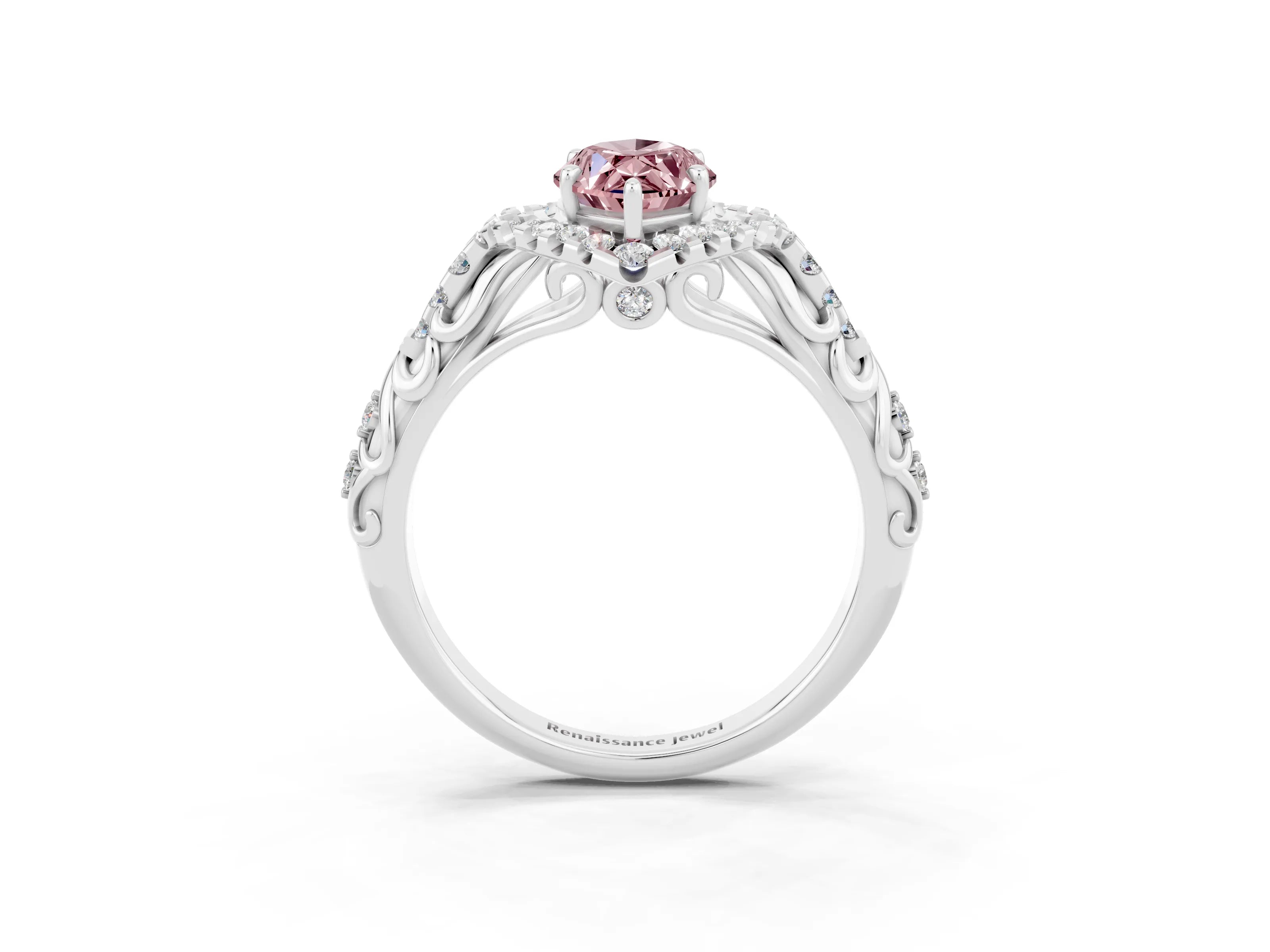 White gold Marquise Cut Morganite Solitaire Ring with Hidden Halo and Pavé Band_15