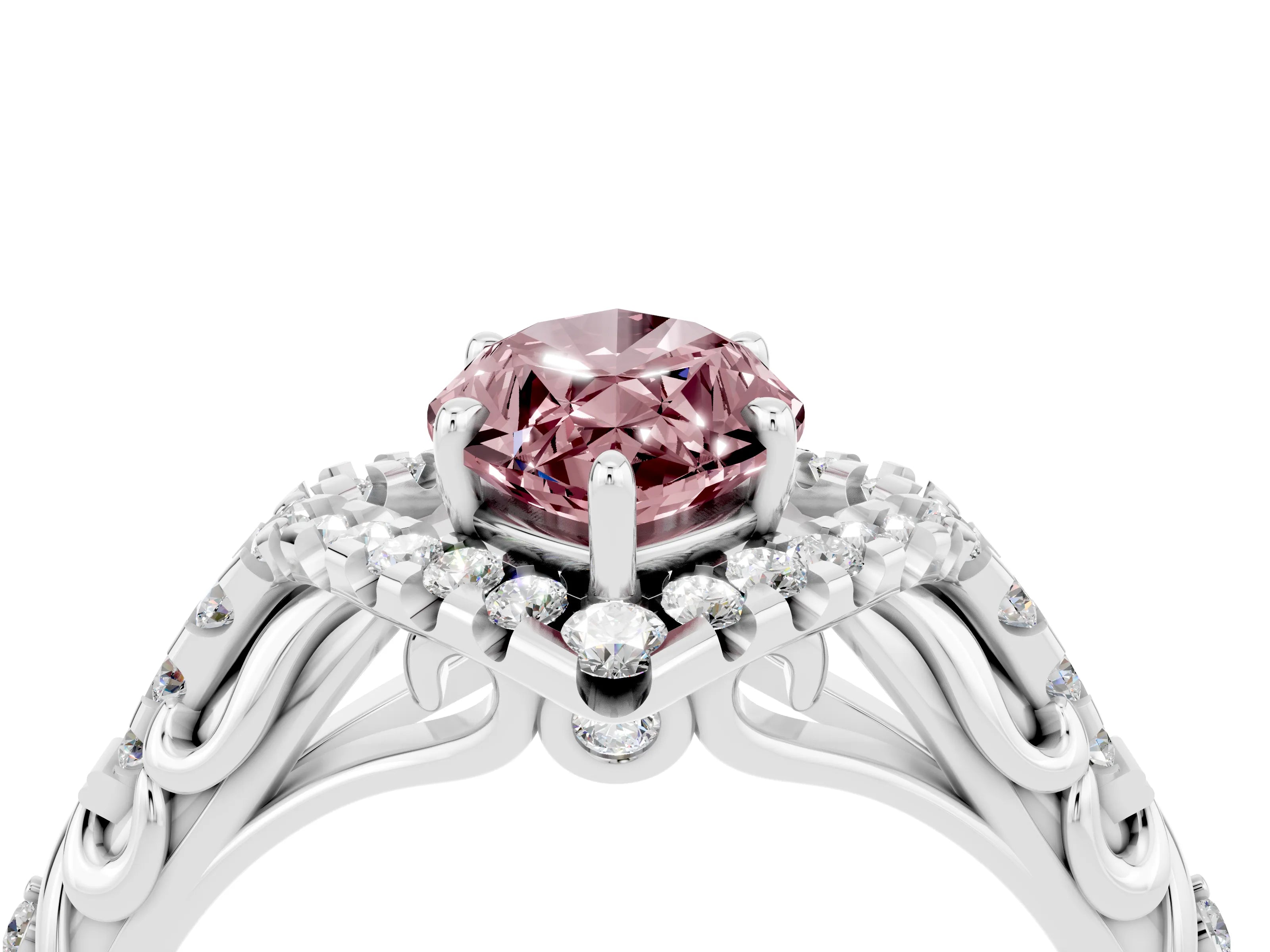 White gold Marquise Cut Morganite Solitaire Ring with Hidden Halo and Pavé Band_16