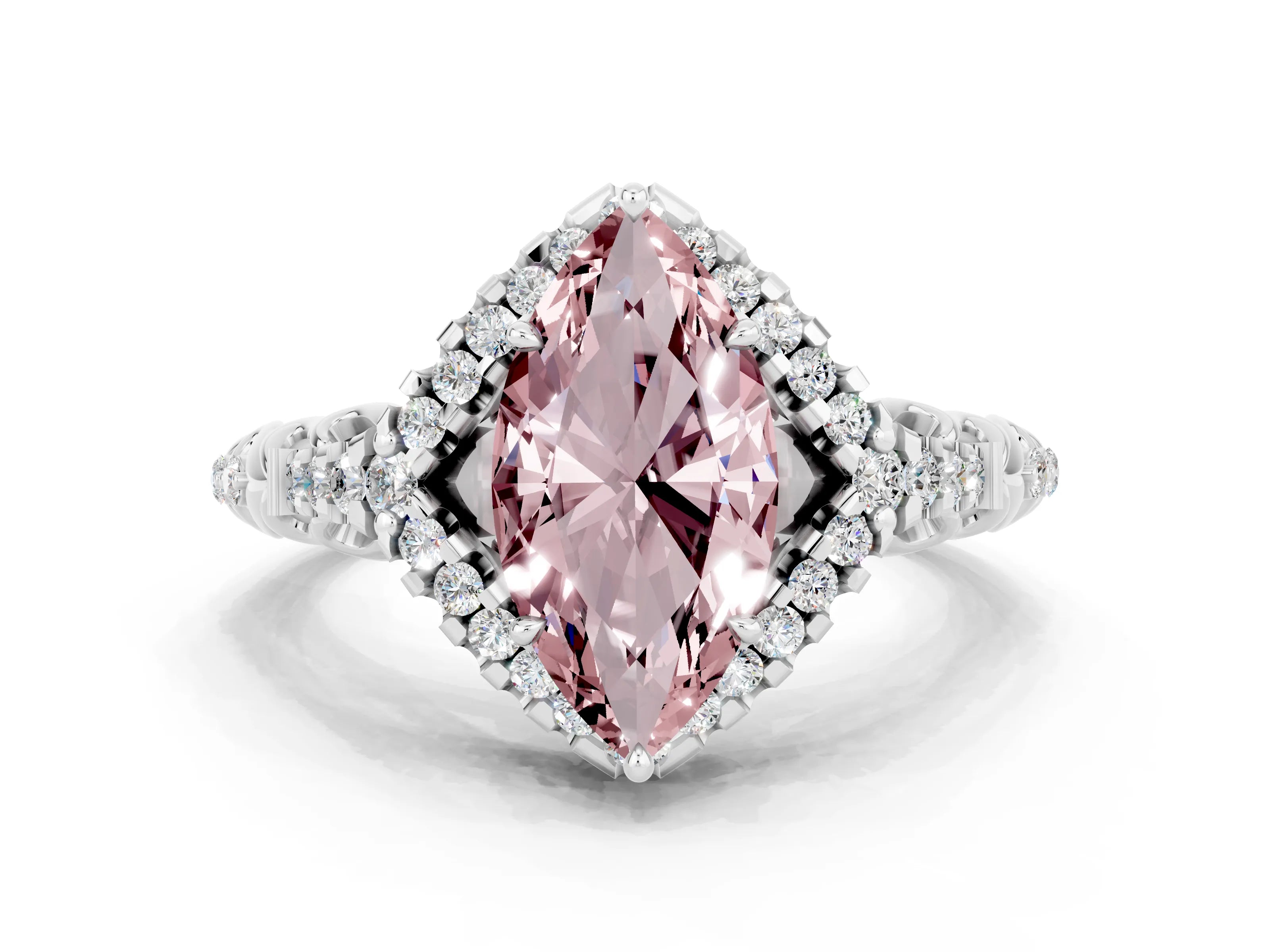 White gold Marquise Cut Morganite Solitaire Ring with Hidden Halo and Pavé Band_24