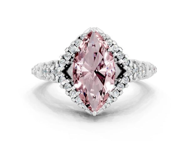 Silver Marquise Cut Morganite Solitaire Ring with Hidden Halo and Pavé Band