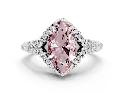 White gold Marquise Cut Morganite Solitaire Ring with Hidden Halo and Pavé Band_24