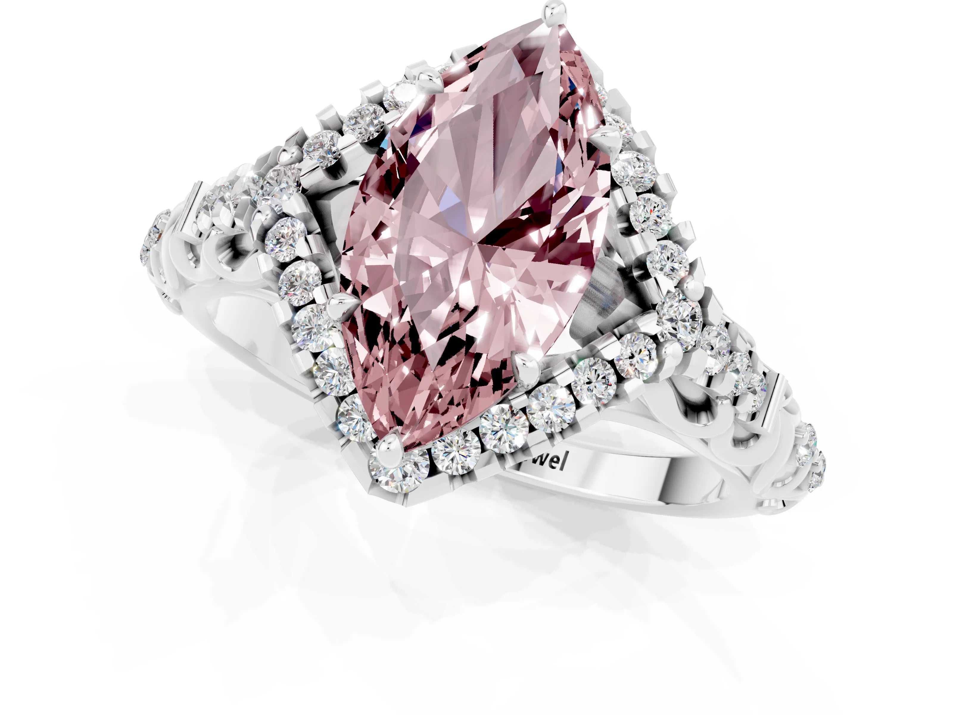 White gold Marquise Cut Morganite Solitaire Ring with Hidden Halo and Pavé Band_25