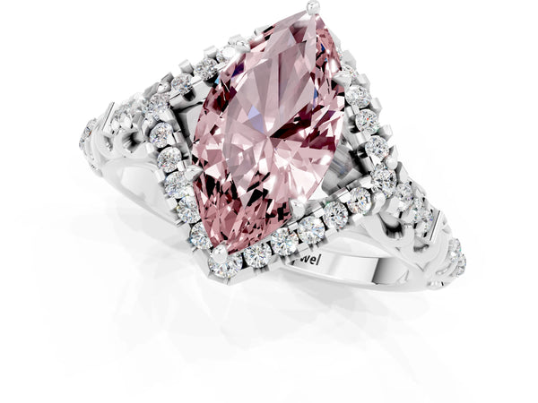 Silver Marquise Cut Morganite Solitaire Ring with Hidden Halo and Pavé Band