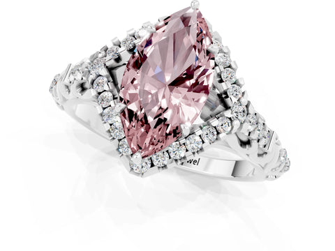 White gold Marquise Cut Morganite Solitaire Ring with Hidden Halo and Pavé Band_25