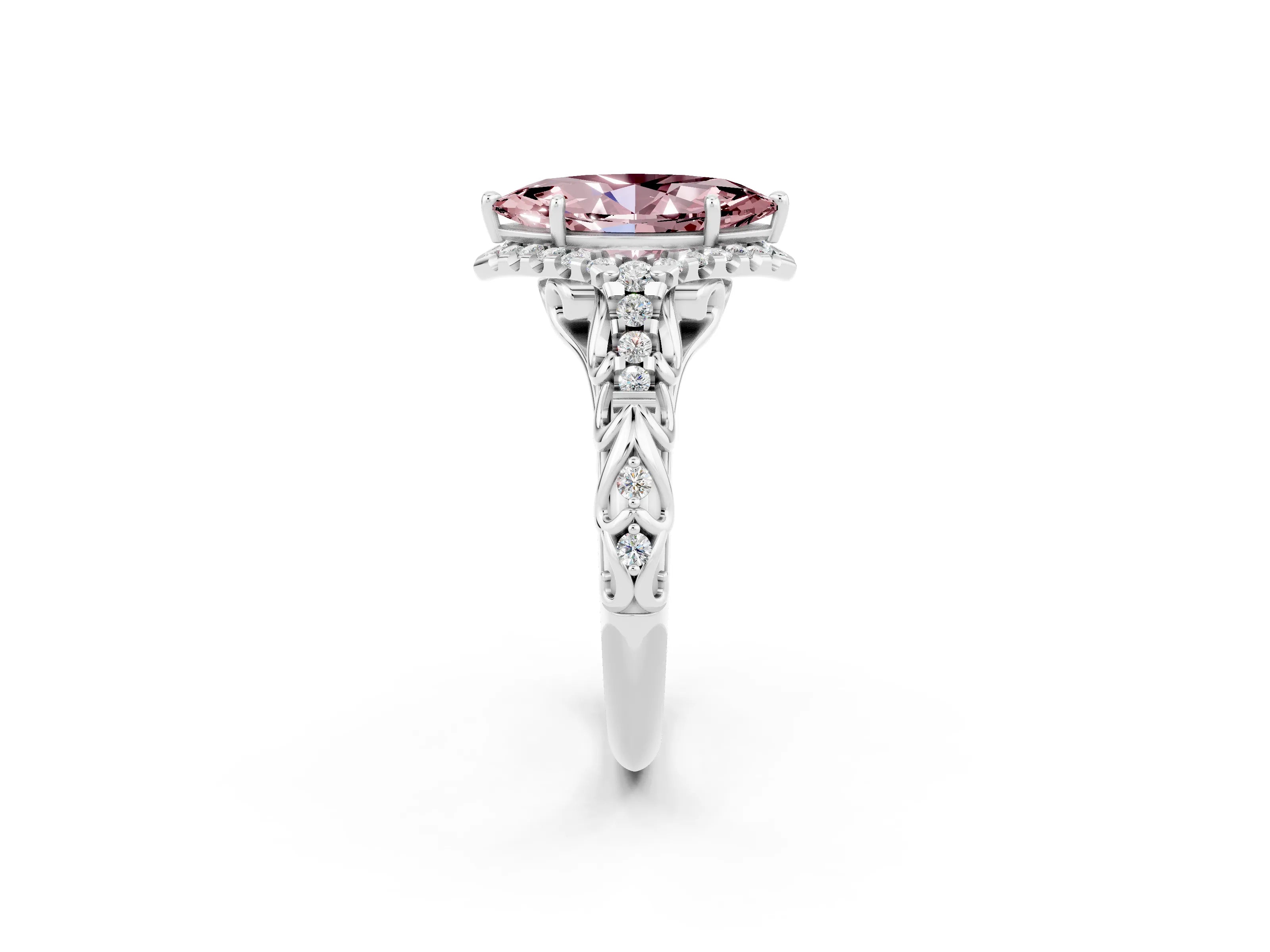 White gold Marquise Cut Morganite Solitaire Ring with Hidden Halo and Pavé Band_26