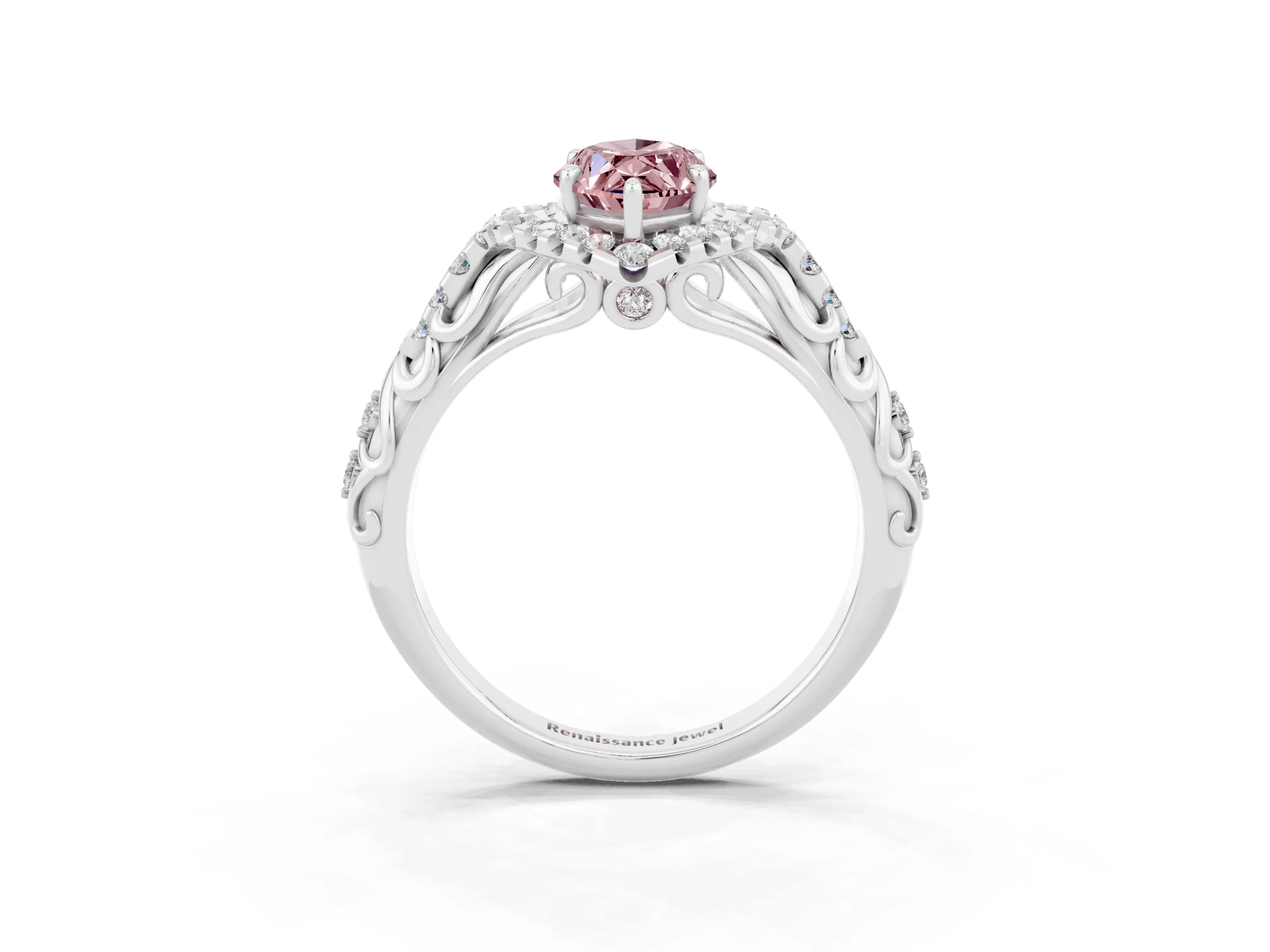 White gold Marquise Cut Morganite Solitaire Ring with Hidden Halo and Pavé Band_27