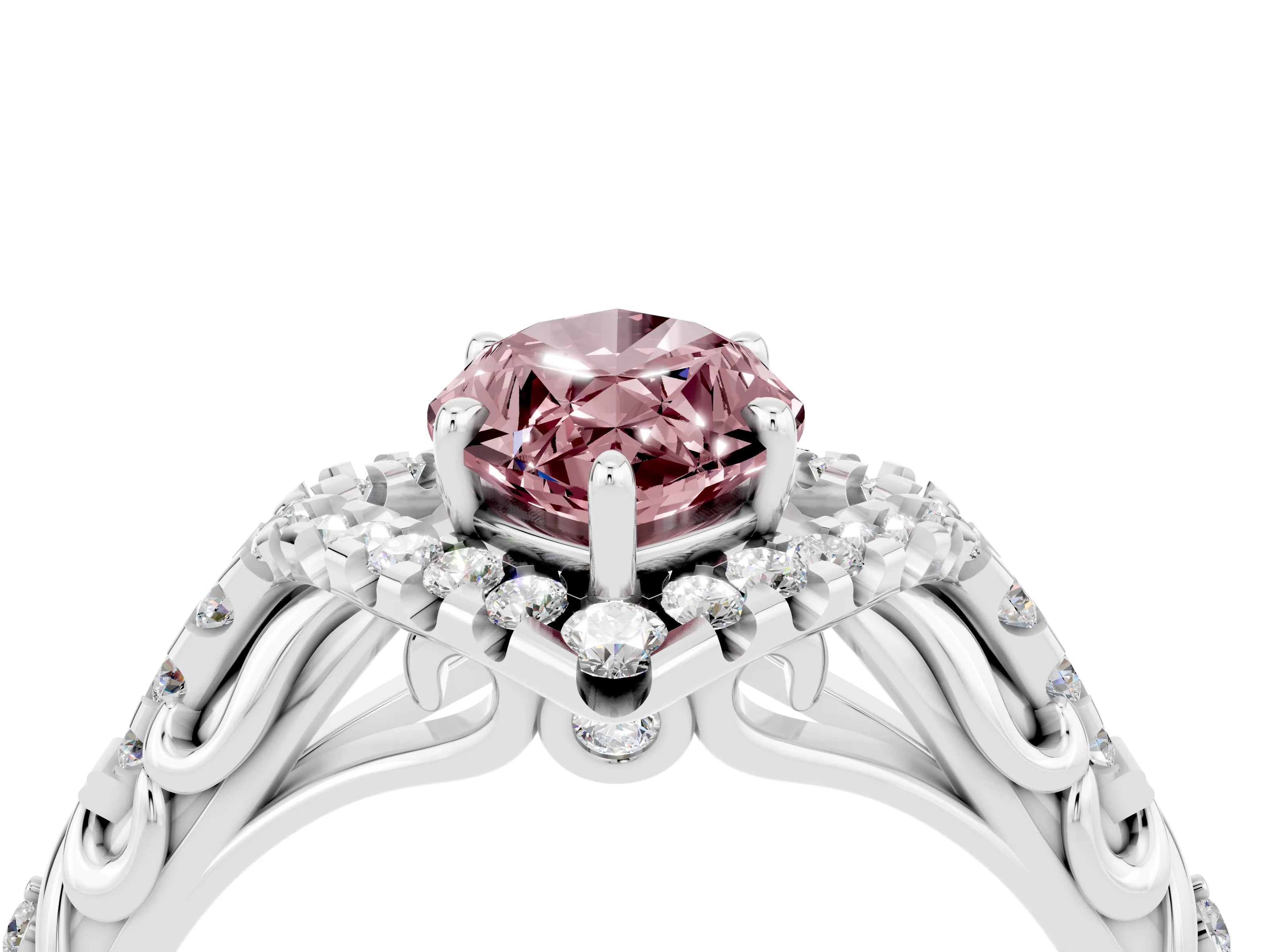 White gold Marquise Cut Morganite Solitaire Ring with Hidden Halo and Pavé Band_28