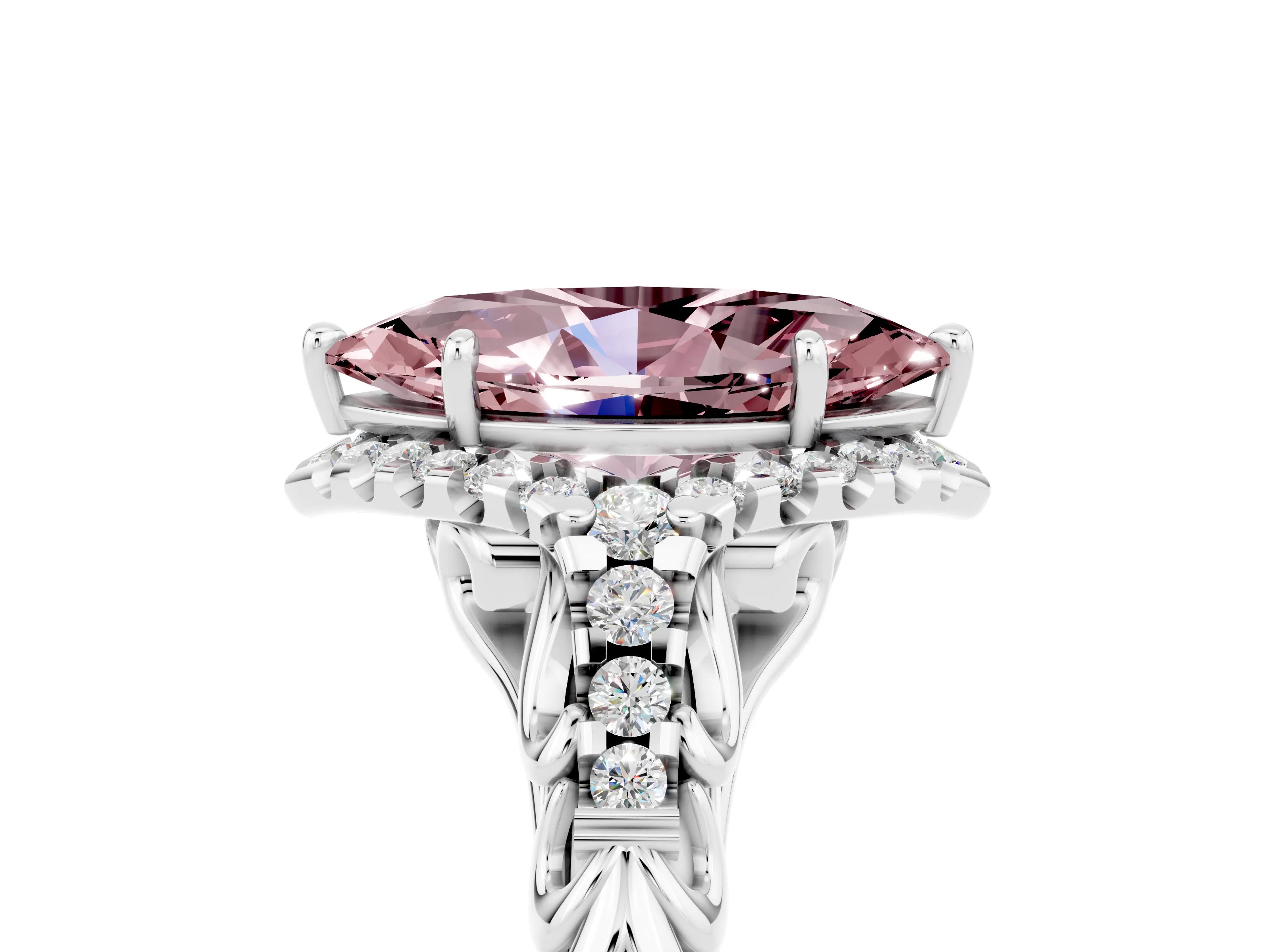 White gold Marquise Cut Morganite Solitaire Ring with Hidden Halo and Pavé Band_29