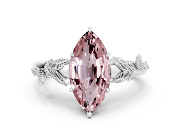 White gold Marquise Cut Morganite Solitaire Ring with Leaf Motif Band and Four-Prong Setting