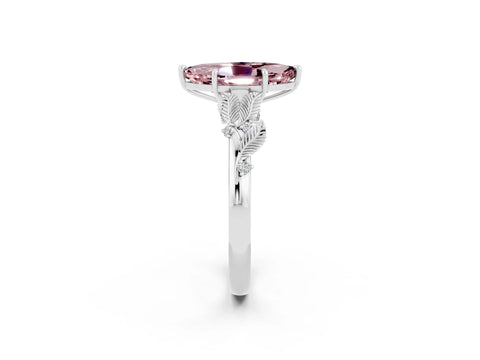 White gold Marquise Cut Morganite Solitaire Ring with Leaf Motif Band and Four-Prong Setting_14