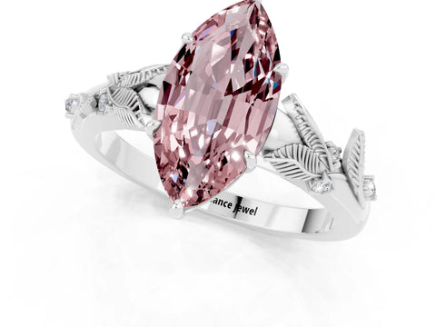 White gold Marquise Cut Morganite Solitaire Ring with Leaf Motif Band and Four-Prong Setting_1