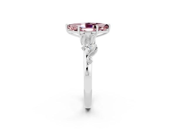 Platinum Marquise Cut Morganite Solitaire Ring with Leaf Motif Band and Four-Prong Setting