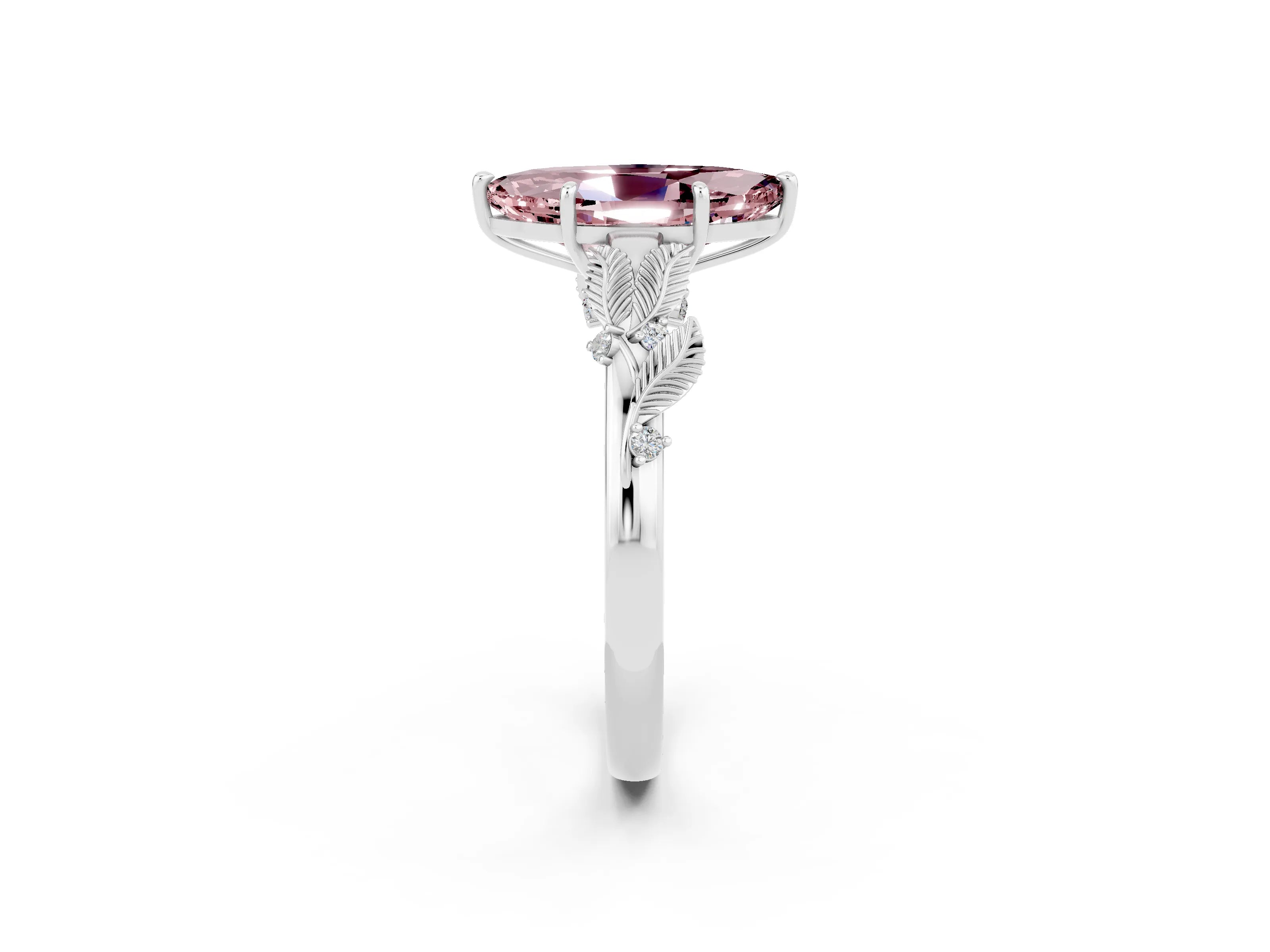 White gold Marquise Cut Morganite Solitaire Ring with Leaf Motif Band and Four-Prong Setting_2