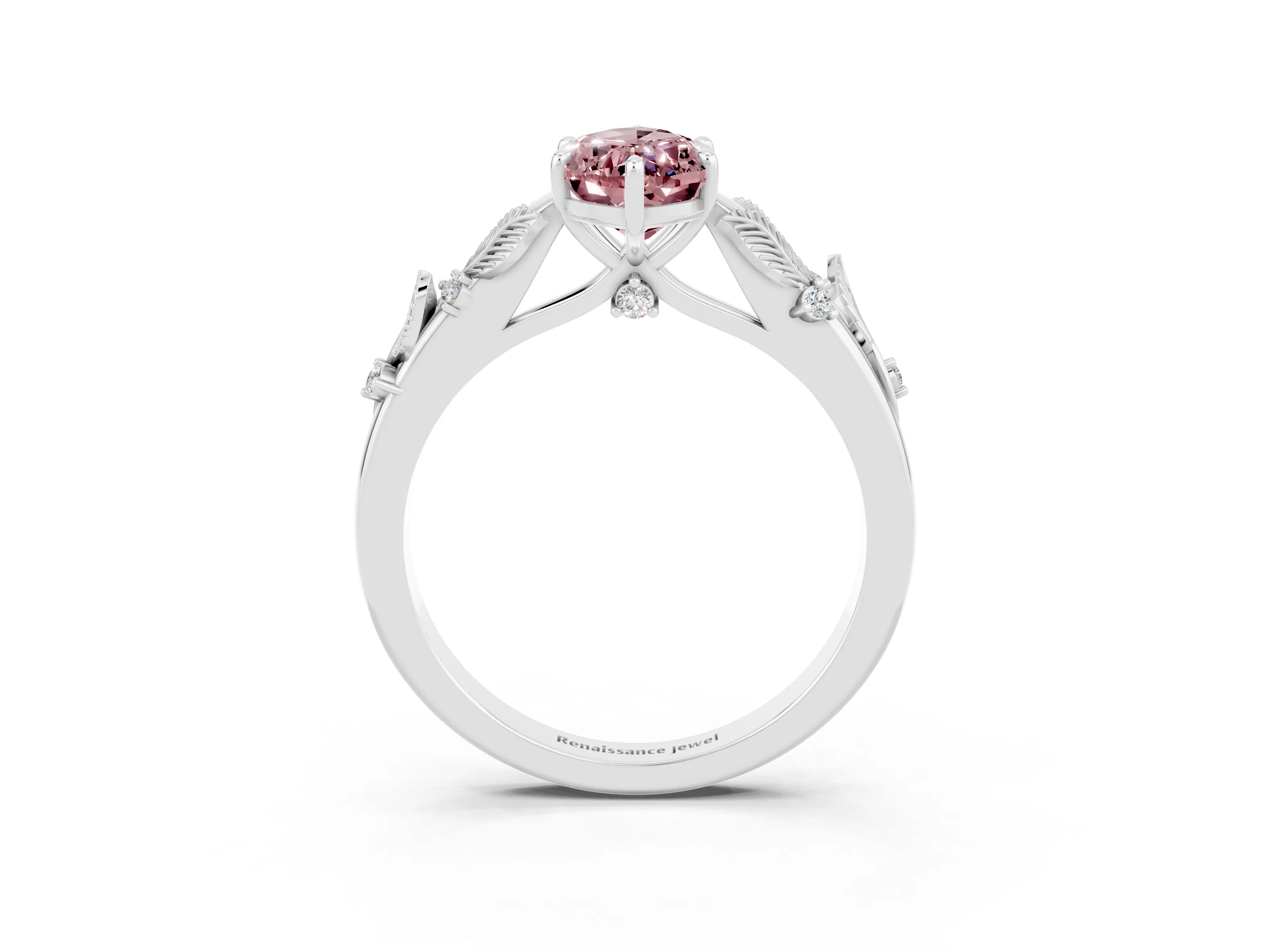 White gold Marquise Cut Morganite Solitaire Ring with Leaf Motif Band and Four-Prong Setting_3