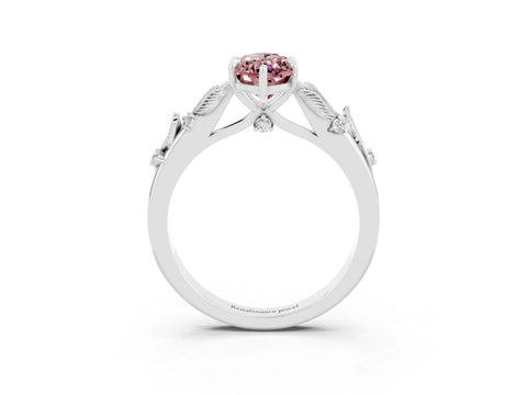 White gold Marquise Cut Morganite Solitaire Ring with Leaf Motif Band and Four-Prong Setting_3