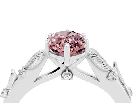 White gold Marquise Cut Morganite Solitaire Ring with Leaf Motif Band and Four-Prong Setting_4