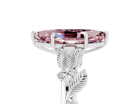 White gold Marquise Cut Morganite Solitaire Ring with Leaf Motif Band and Four-Prong Setting_5