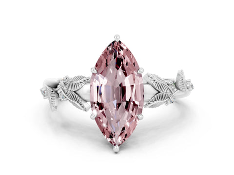 White gold Marquise Cut Morganite Solitaire Ring with Leaf Motif Band and Four-Prong Setting