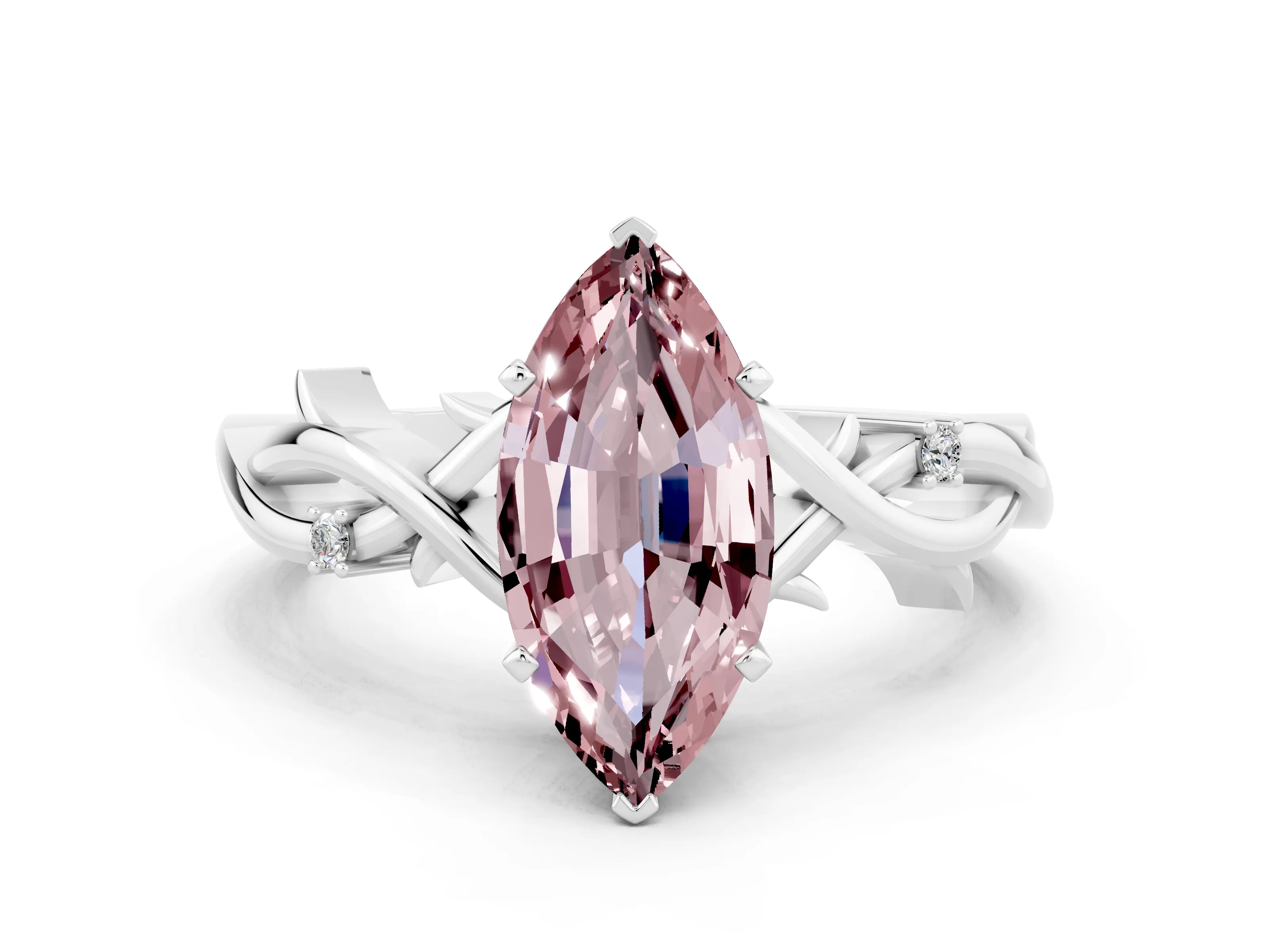 White gold Marquise Cut Morganite Solitaire Ring with Milgrain Pavé Band and Four-Prong Setting_12