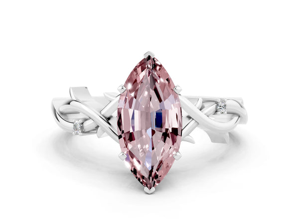 Silver Marquise Cut Morganite Solitaire Ring with Milgrain Pavé Band and Four-Prong Setting