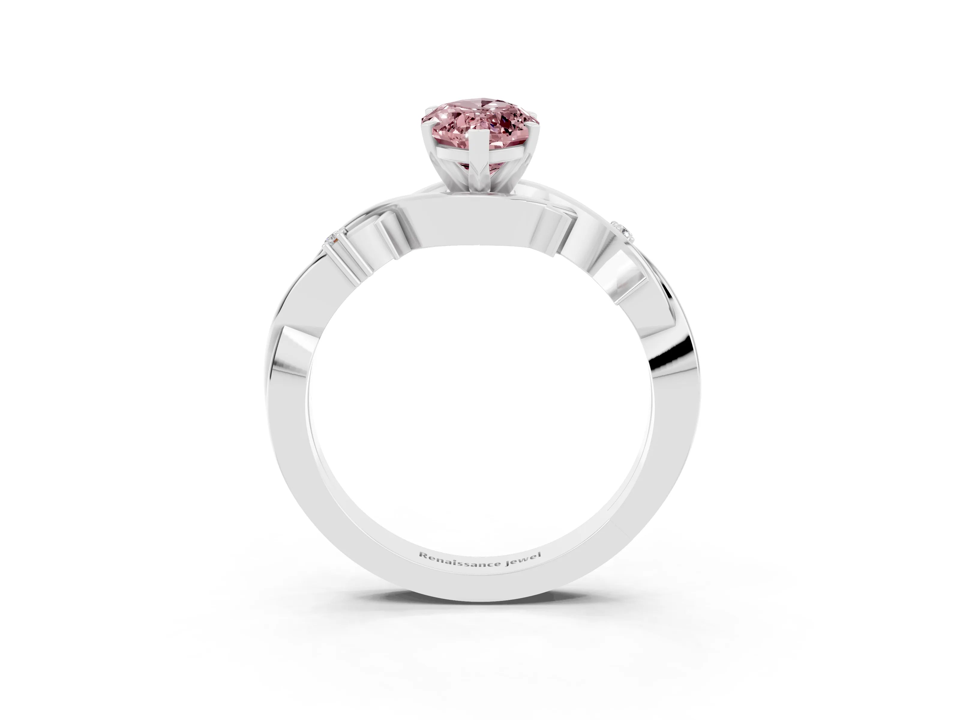 White gold Marquise Cut Morganite Solitaire Ring with Milgrain Pavé Band and Four-Prong Setting_15