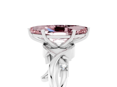 White gold Marquise Cut Morganite Solitaire Ring with Milgrain Pavé Band and Four-Prong Setting_17